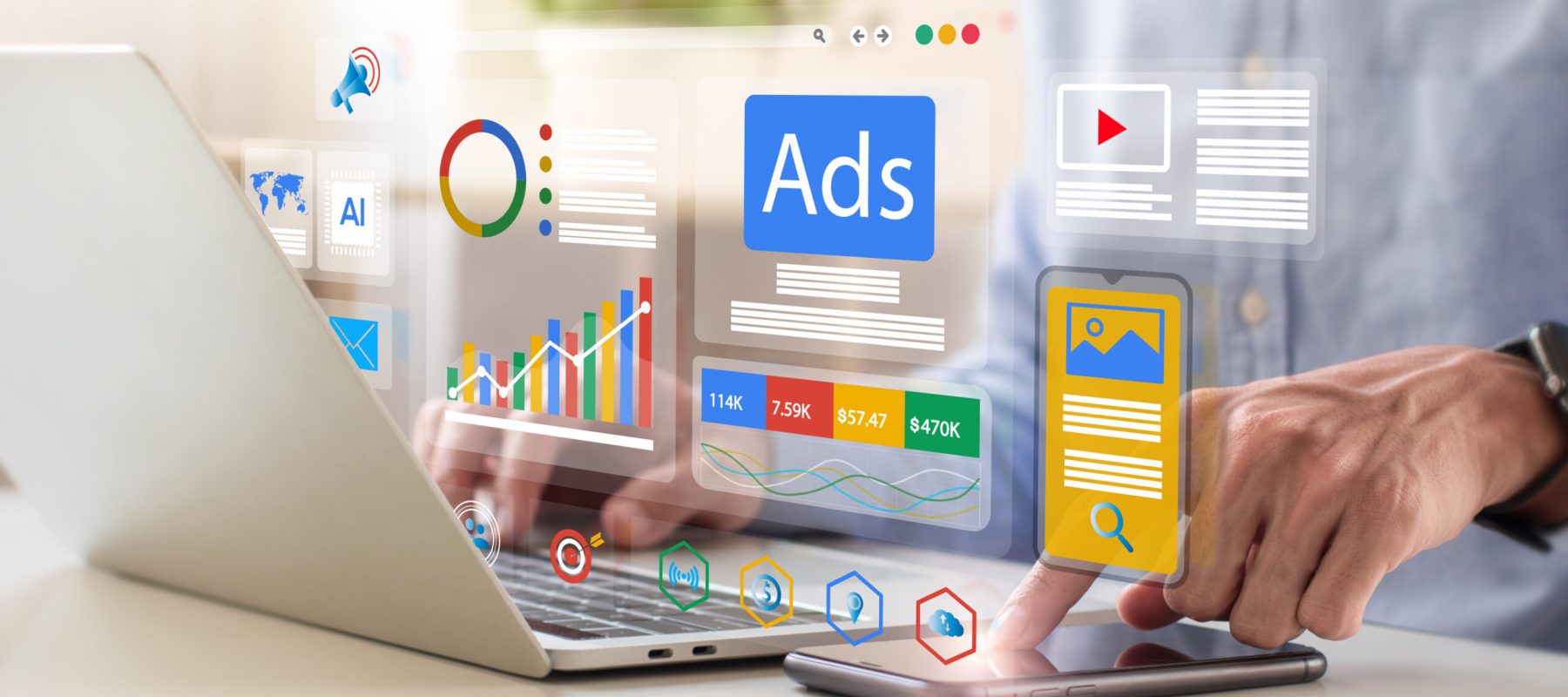 Digital marketing concept, Businessman using laptop with Ads dashboard digital marketing strategy analysis for branding. online advertisement, ad on website and social media. SEO. SMM.