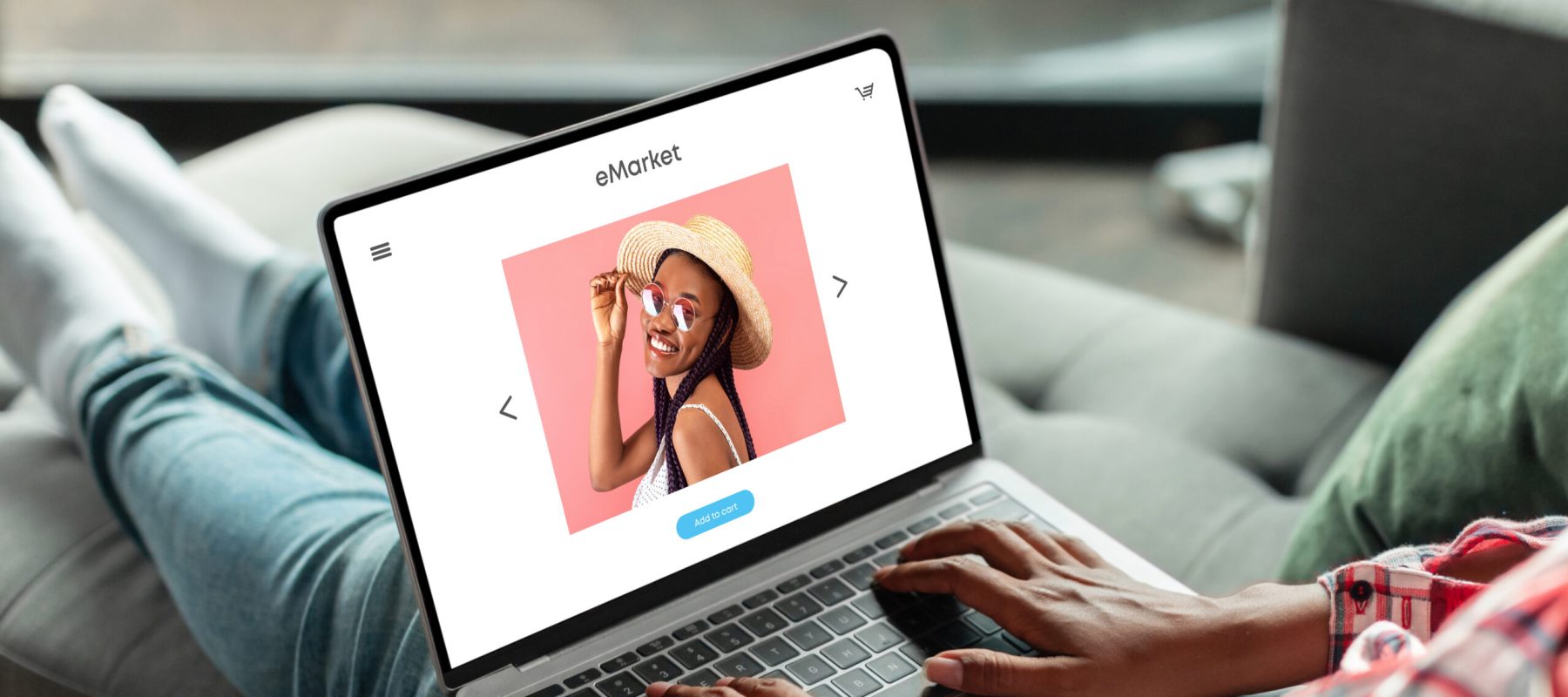 Black woman shopaholic enjoy online shopping, ordering new clothes at store on laptop screen, sitting on sofa at home. Website, app for fashion, order delivery, sale at home