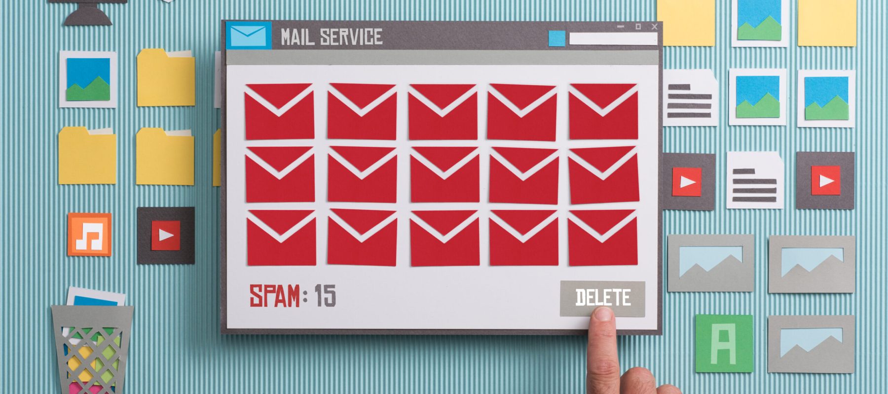User removing spam in the inbox and checking mails using an e-mail reader, collage and paper cut composition