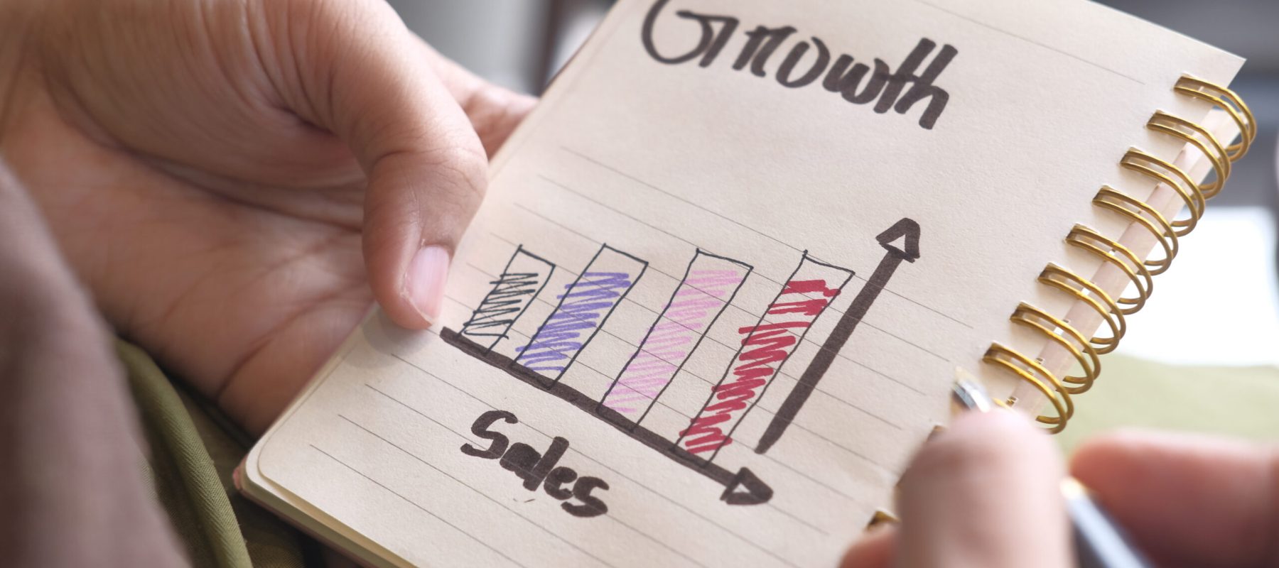 An illustration showcasing various sales growth metrics displayed creatively in a notebook